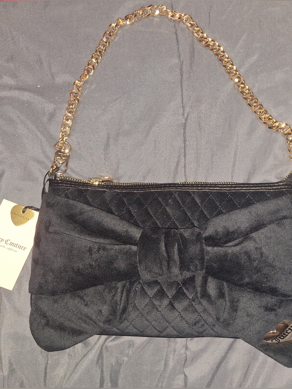 EXCLUSIVE Juicy Couture Black Quilted Velvet Bow Shoulder Bag with Gold Chain